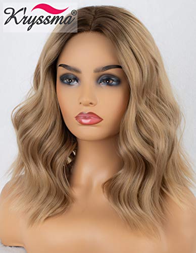 Product Cover K'ryssma Ash Blonde Lace Front Wig Ombre with Dark Roots Bob Synthetic Wig Short Wavy Dirty Blonde Wigs for Women