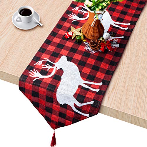 Product Cover Plaid Table Runner, Cotton & Burlap Buffalo Check Table Runner, Christmas Elk Table Runner for Christmas Table Decoration, Family Dinners or Gatherings, Indoor or Outdoor Parties. 14 x 74 Inch
