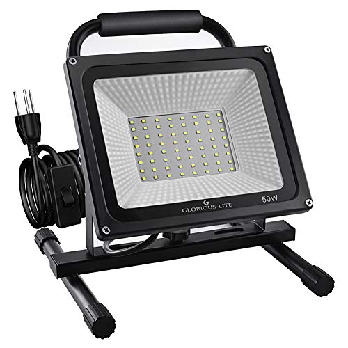 Product Cover GLORIOUS-LITE 50W LED Work Light Stand, 5000LM Super Bright Flood Work Light, 16ft/5M Cord with Plug, IP66 Waterproof Flood Lights, 6500K, Adjustable Angle Working Lights for Workshop, Garage