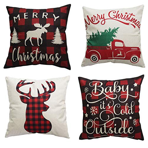Product Cover PSDWETS Merry Christmas and Christmas Tree Decorations Cotton Linen Winter Deer Pillow Covers Set of 4 Christmas Decor Throw Pillow Covers Cushion Cover 18 X 18