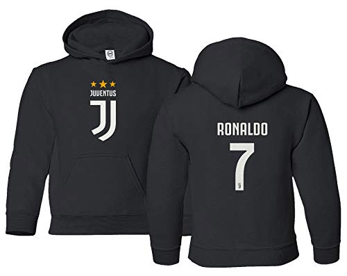 Product Cover Spark Apparel Soccer Shirt #7 Cristiano Ronaldo Juve CR7 Boys Girls Youth Hooded Sweatshirt (Black, Youth Large)