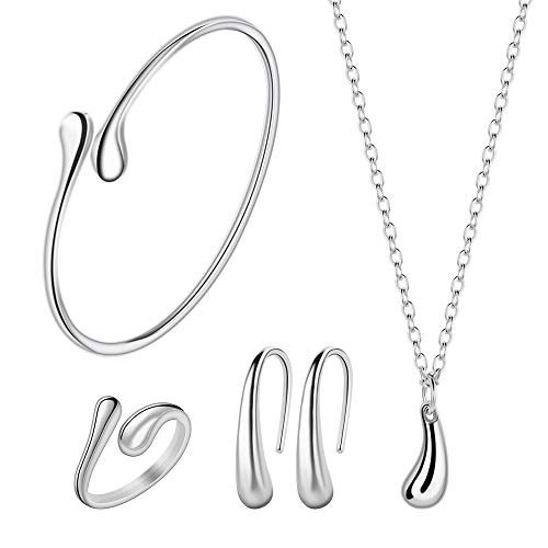 Product Cover 4PCS 925 Sterling Silver Jewelry Set for Women Teardrop Pendant Necklace Earrings Bracelet Ring Fit with Party Meeting Dating Wedding Daily Birthday Gift