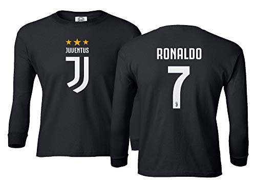 Product Cover Spark Apparel Soccer Shirt #7 Cristiano Ronaldo Juve CR7 Boys Girls Youth Long Sleeve T-Shirt (Black, Youth Small)