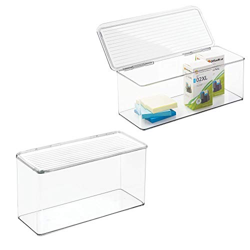 Product Cover mDesign Long Plastic Stackable Home, Office Supplies Storage Organizer Box with Attached Hinged Lid - Holder Bin for Note Pads, Gel Pens, Staples, Dry Erase Markers, Tape - 5