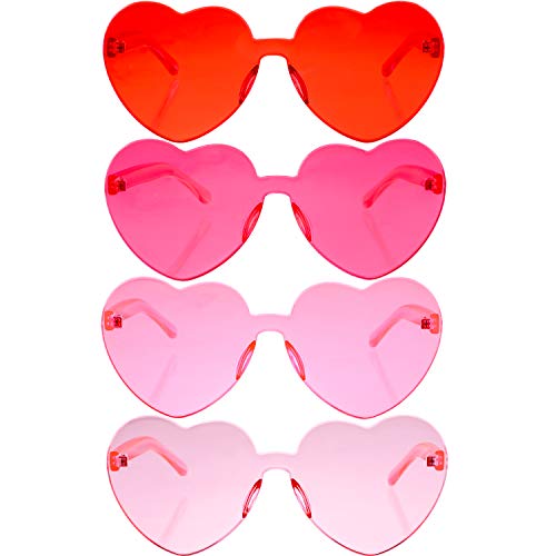 Product Cover 4 Pieces Valentines Heart Shaped Rimless Sunglasses Transparent Frameless Glasses Tinted Eyewear for Valentines Party Cosplay（Red, Rose Red, Pink, Light Pink）