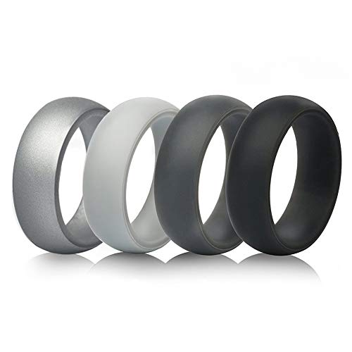 Product Cover HLTPRO Silicone Wedding Ring for Men & Women, Thin and Stackable Durable Rubber Safe Band for Love, Couple, Souvenir and Outdoor Active - 4 Pack (Black, Dark Grey, Light Grey, Silver, 8.5-9 (18.9mm))