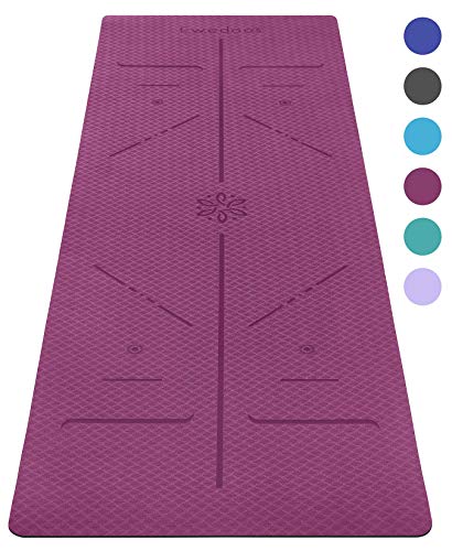 Product Cover Ewedoos Eco Friendly Yoga Mat with Alignment Lines, TPE Yoga Mat Non Slip Textured Surfaces ¼-Inch Thick High Density Padding to Avoid Sore Knees, Perfect for Yoga, Pilates and Fitness (New Purple)