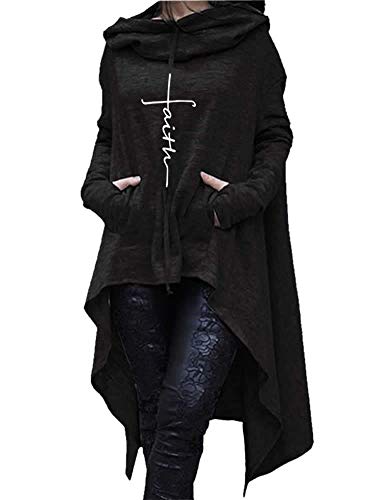 Product Cover Rfecccy Faith Print Long Sleeve Loose Casual Pullovers Irregular Hem Long Hoodies for Women