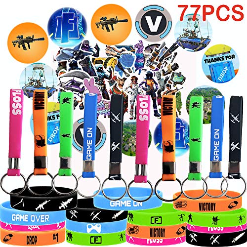 Product Cover Game Party Supplies, 77 Pack Gaming Set Party Favors - 15 Pack Bracelet, 10 Pack Keychain, 12 Pack Button Pins, Set of 40 Stickers for Kids