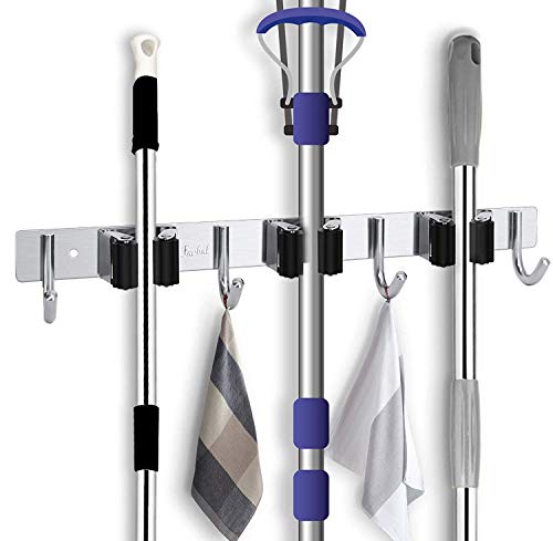 Product Cover Favbal Broom Mop Holder Wall Mount Stainless Steel Wall Mounted Storage Organizer Heavy Duty Tools Hanger with 3 Racks 4 Hooks for Kitchen Bathroom Closet Office Garden