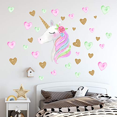 Product Cover Unicorn Wall Decals,Unicorn Wall Sticker Decor with Heart Flower Birthday Christmas Gifts for Boys Girls Kids Bedroom Decor Nursery Room Home Decor (A-Unicorn)
