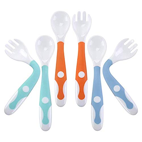 Product Cover Baby Utensils Spoons Forks 3 Sets, Cute Stone Toddlers Feeding Training Spoon and Fork Tableware Set Easy Grip Heat-Resistant Bendable BPA Free Great Self-Feeding Learning Spoons Forks for Kids