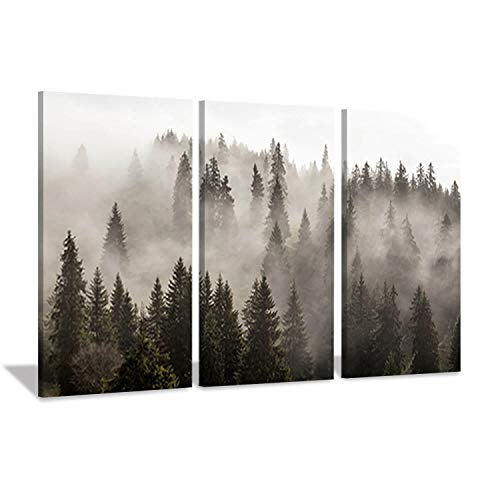 Product Cover Natural Landscape Wall Art Paintings: Photographic Artworks Dark Tree line with Foggy Misty Forest Pine Print on Wrapped Canvas for Decoration, Multi-Piece Image (16