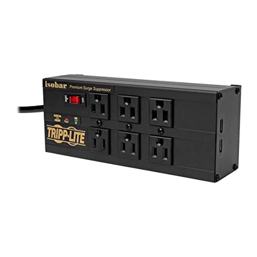 Product Cover Tripp Lite Isobar 6 Outlet Surge Protector Power Strip with 2 USB Charging Ports, 10ft Long Cord, Right-Angle Plug, Metal, 3840 Joules, Lifetime Limited Warranty & $50K Insurance (IBAR6ULTRAUSBB)