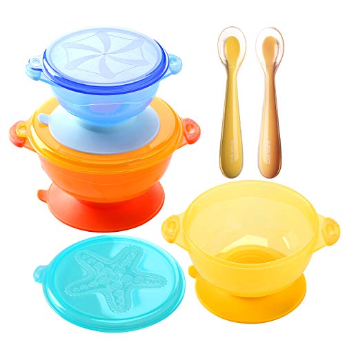 Product Cover Suction Baby Bowls for Kids Toddlers Solid Feeding, Cute Stone 3 Size Stay Put Spill Proof Stackable to Go Snacks & Storage-with 3 Snap Tight Lids, 1 Travel Case, 2 Bendable Silicone Spoons, BPA-Free
