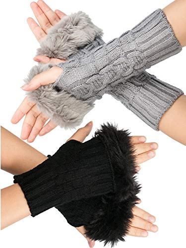 Product Cover Zhanmai 2 Pairs Women Lady Winter Wrist Gloves Faux Fur Knit Fingerless Gloves Thumb Hole Gloves Mittens Crochet Knit Arm Warmers (Short and Middle Length Style)