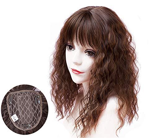 Product Cover Crown Topper Hairpieces with Bangs for Women, Clip on Curly Wavy Synthetic Top Wiglet Hairpieces for Thinning Hair (14