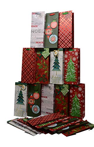 Product Cover 24 Christmas Kraft Paper Wine Bags; with Name Tags, six Assorted Holiday Designs; Set of 24 Heavy Duty Bags (Christmas B)