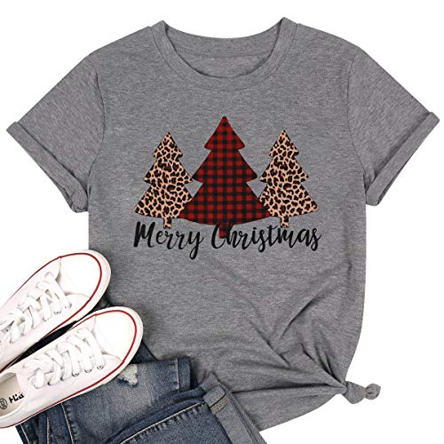 Product Cover Women Merry Christmas Leopard Plaid Tree Shirt Top Short Sleeve Casual Graphic Print T Shirt Size XL (Gray)