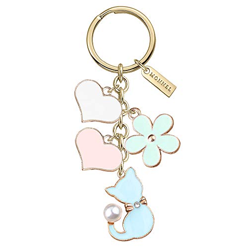 Product Cover Monnel New Arrival Cute Blue Cat Pets Love Hearts Lily Flower Charms Pendants Keychain with Velvet Bag Z592