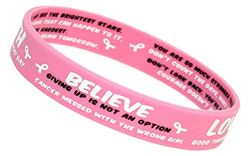 Product Cover 10 Pack Breast Cancer Awareness Bracelets - Pink Silicone Wristbands with White Ribbon Charms and Inspirational Quotes - Gift for Survivors, Patients and Supporters - Support The Girls