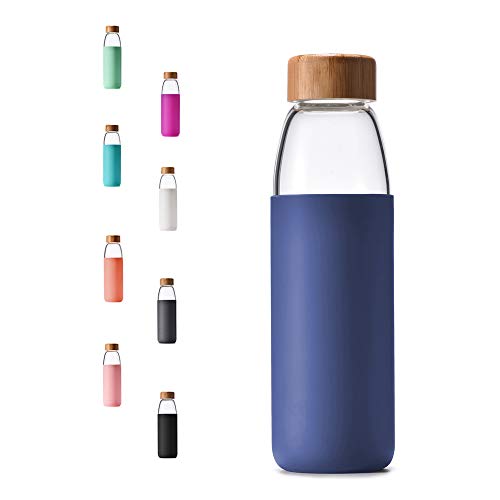 Product Cover Veegoal Diswasher Safe 18 Oz Borosilicate Glass Water Bottle with Bamboo Lid and Protective Sleeve-Bpa Free (Sapphire Blue)