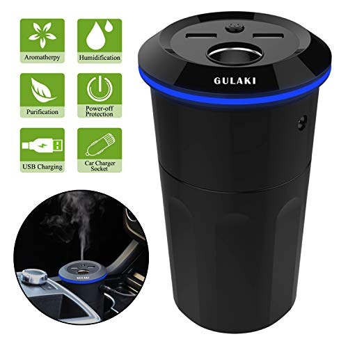Product Cover Gulaki Car Diffuser Essential Oils - Multifunction Cool Mist Car Humidifier with 2 USB Port and 1 Car Charger Socket (Black)