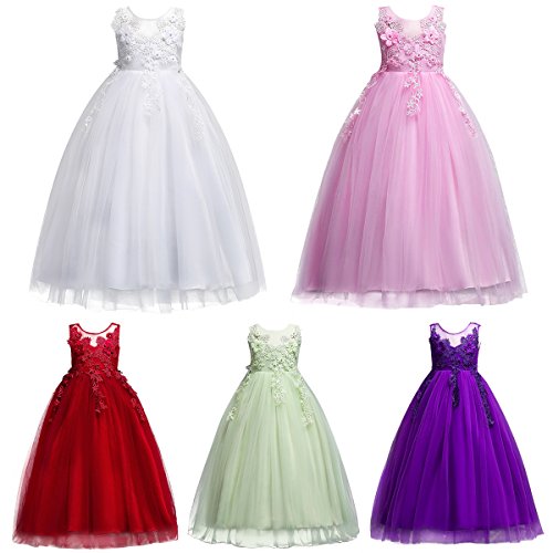 Product Cover 5-16T Little/Big Girls Floor Length Lace Tulle Bridesmaid Dress Flower Pageant Party Wedding Maxi Evening Dance Gown