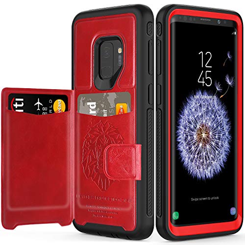 Product Cover Galaxy S9 Case with Kickstand,SXTech (Leather Cover Series) Slim Yet Protective with Card Holders.Built-in Magnetic Backing Wallet Case Fit for Samsung Galaxy S9 5.8 Inch (2018) Cover-Red