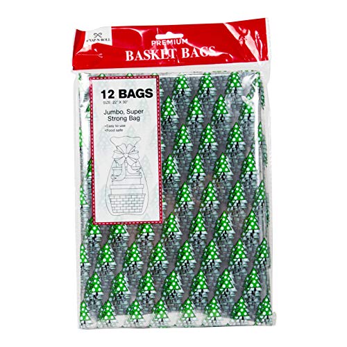 Product Cover Wrap N Roll Basket Bags Clear Plastic Cellophane, 22x30 Cello Wrap for Holiday Baskets and Party Favors (Set of 12) (22 x 30, Evergreen Tree)