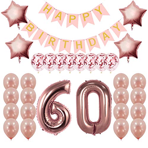 Product Cover Rose Gold 60th Birthday Decorations Party Supplies Gifts for Women - Create Unique Events with Happy Birthday Banner, 60 Number and Confetti Balloons