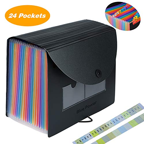 Product Cover Accordian File Organizer,24 Pockets Expanding File Folder with Expandable Cover,Standing Document Organizer,Rainbow Filing Box,Desktop Plastic Folder Organizer with 2 Pack Labels(A4/Letter Size)