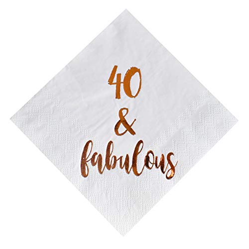 Product Cover 40 and Fabulous Cocktail Napkins, 50-Pack 3ply White Rose Gold 40th Birthday Dinner Celebration Party Decoration Napkin