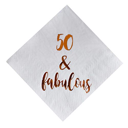 Product Cover 50 and Fabulous Cocktail Napkins, 50-Pack 3ply White Rose Gold 50th Birthday Dinner Celebration Party Decoration Napkin