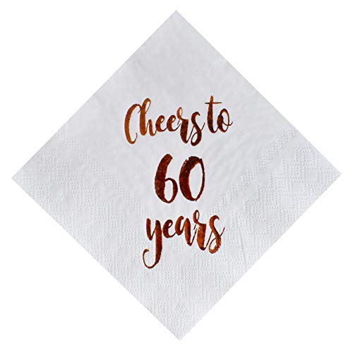 Product Cover Cheers to 60 Years Cocktail Napkins, 50-Pack 3ply White Rose Gold 60th Birthday Dinner Celebration Party Decoration Napkin