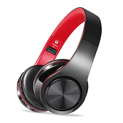 Product Cover Wireless Headset with Mic, Foldable Bluetooth Headphone with 3.5mm Audio Jack, Built-in Noise Cancelling Microphone, Support for Plug-in Card, for PC, Phone(Black+red)