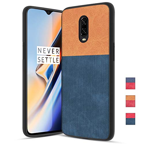 Product Cover OnePlus 6T Case with Dual Layer Shockproof Half PC Back & TPU Soft Jeans Lines Full-Body Protective Armor Scrape Proof Heavy Duty case, Orange+Blue