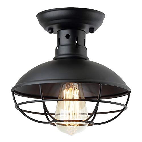Product Cover ZZ Joakoah Industrial Vintage Rustic Semi Flush Mount Ceiling Light, Metal Cage Pendant Lighting Lamp Fixture for Hallway Stairway Kitchen Garage Porch, E26, Black Painting Finish.
