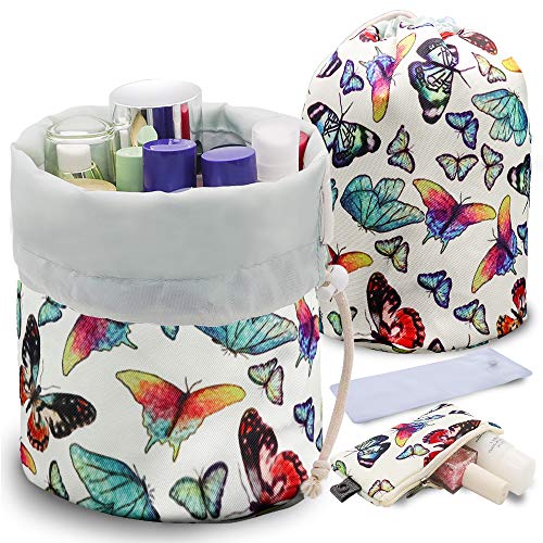 Product Cover UYRIE Portable Makeup Toiletry Cosmetic Travel Organizer Bag, Large Drawstring Hanging Packing Bag for Women Girl Men, Lightweight Multifunctional Barrel Shaped Storage Bag (Butterfly Family)
