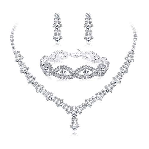 Product Cover Udalyn Rhinestone Necklace and Earrings Set for Women Bridal Jewelry Set with Crystal Bracelet