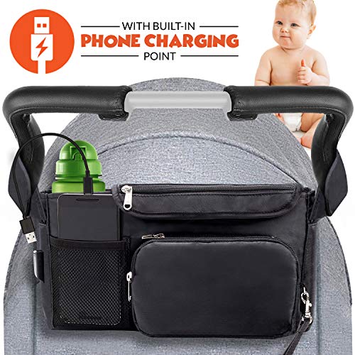 Product Cover Stroller Organizer: Baby Stroller Travel Organizer Bag with Cup Holder, Phone Charging Point & Detachable Bag| Spacious Insulated Bag for Diapers, Toys, Phone, Snack| Top Baby Shower Gift