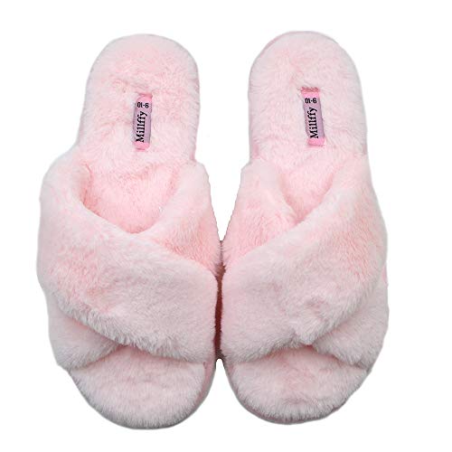 Product Cover Millffy Spring Summer Women's Indoor Shoes Fashion Flax Home Lucy Refers to flip Flops Fur Slippers (9-10 M US, Cross Pink)