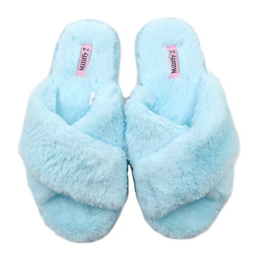 Product Cover Millffy Spring Summer Women's Indoor Shoes Fashion Flax Home Lucy Refers to flip Flops Fur Slippers (7-8 M US, Cross Light Blue)