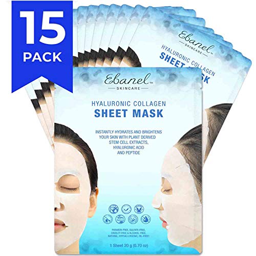 Product Cover Ebanel Korean Collagen Facial Face Mask Sheet, 15 Pack, Instant Brightening and Hydrating, Deep Moisturizing with Hyaluronic Acid Face Masks, Anti-Aging Anti-Wrinkle with Stem Cell Extracts, Peptide