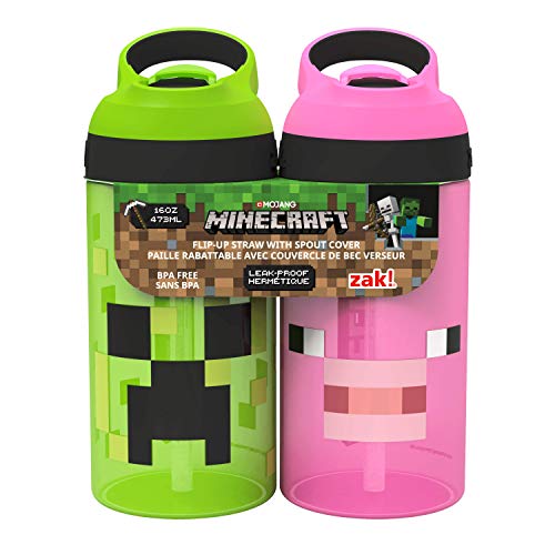Product Cover Zak Designs Minecraft Kids Water Bottle with Straw and Built in Carrying Loop Set, Made of Plastic, Leak-Proof Water Bottle Designs (Creeper/Pig, 16 oz, BPA-Free, 2pc Set)