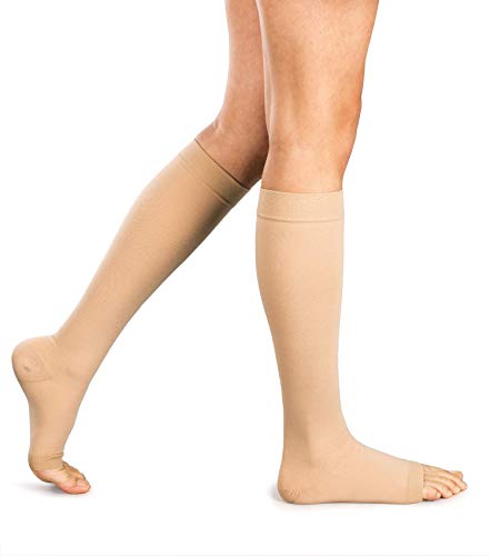 Product Cover Amazon Brand - Solimo Open Toe Compression Socks, Beige, 15-20mmHg, L, 1 Pair