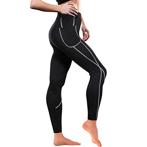 Product Cover Women Weight Loss Hot Neoprene Sauna Sweat Pants with Side Pocket Workout Thighs Slimming Capris Leggings Body Shaper (Full Length Black, 2XL)