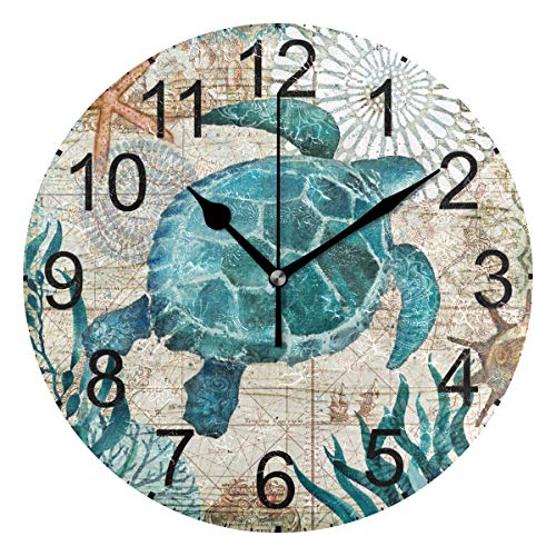 Product Cover LUCASE LEMON ALEX Blue Sea Turtle Nautical Map Vintage Round Acrylic Wall Clock Non Ticking Silent Clocks for Home Decor Living Room Kitchen Bedroom Office School