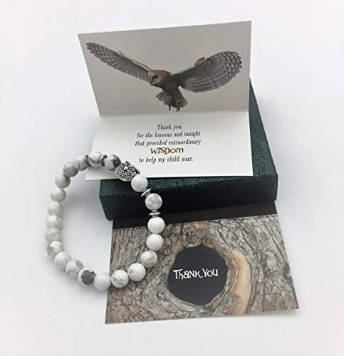 Product Cover Smiling Wisdom - Owl Stretch Bracelet - Thank You Teacher Appreciation - Mentor Coach Counselor Gift Set - For Her Woman from Parent of Son or Daughter Student - White Grey - Wisdom