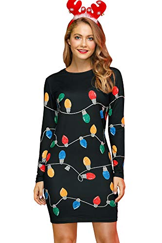 Product Cover For G and PL Christmas Womens Longsleeve Black Bodycon Custome Printed Dress Christmas Light M